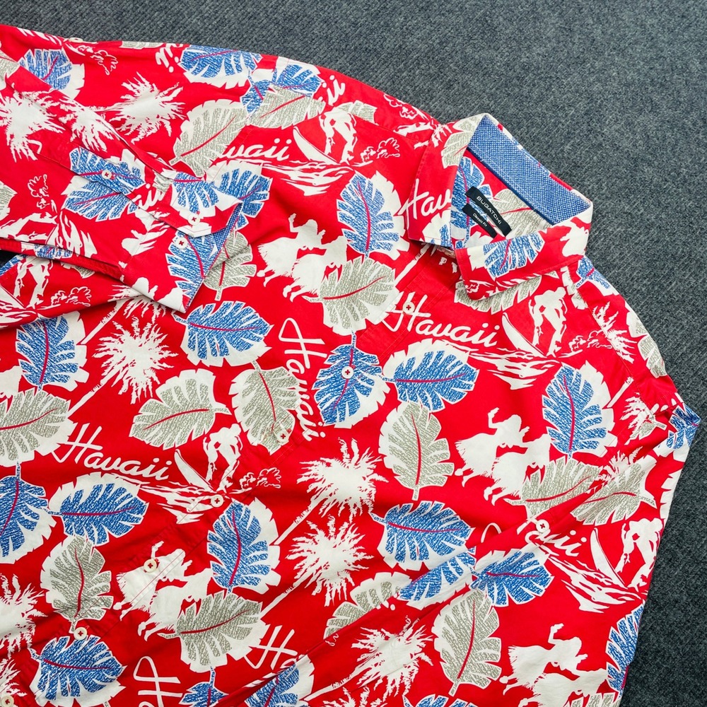Bugatchi Uomo Hawaiian Shirt Red Tropical Print Long Sleeve Cotton Large Y2K